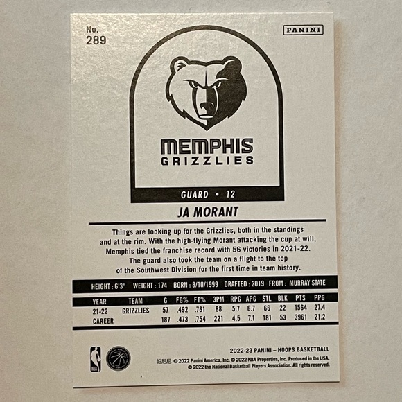 2022-23 JA MORANT MEMPHIS GRIZZLIES NBA Hoops Basketball Card #289 - Picture 2 of 2